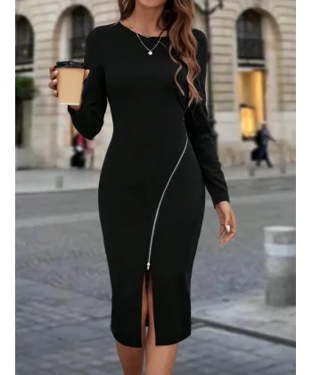 Kadın Uzun Kollu Bisiklet Yaka Fermuar Detaylı Yırtmaçlı Midi Krep Elbise