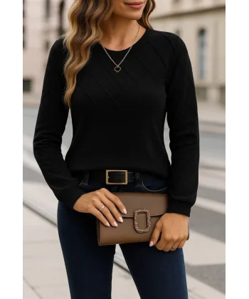 Kadın Uzun Kollu Bisiklet Yaka Geometrik Desenli Triko Bluz