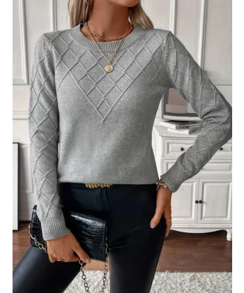 Kadın Uzun Kollu Bisiklet Yaka Geometrik Desenli Triko Bluz