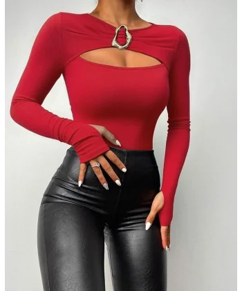 Kadın Uzun Kollu Bisiklet Yaka Göğüs Dekolteli Viskon Bluz