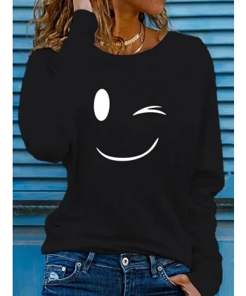Kadın Uzun Kollu Bisiklet Yaka Gülen Yüz Desenli Viskon Bluz
