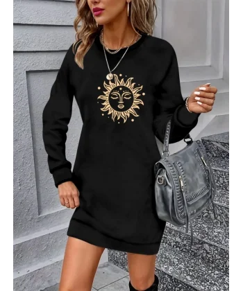 Kadın Uzun Kollu Bisiklet Yaka Güneş Desenli Viskon Iki Iplik Elbise