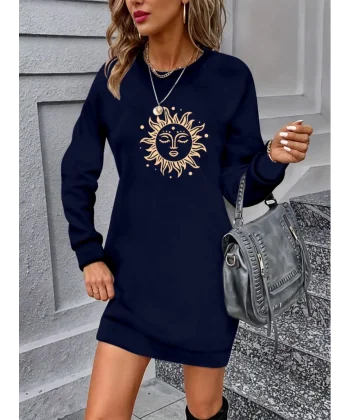 Kadın Uzun Kollu Bisiklet Yaka Güneş Desenli Viskon Iki Iplik Elbise