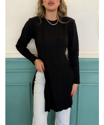 Kadın Uzun Kollu Bisiklet Yaka Iki Yandan Yırtmaç Detay Triko Bluz