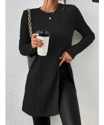 Kadın Uzun Kollu Bisiklet Yaka Iki Yandan Yırtmaç Detay Triko Bluz