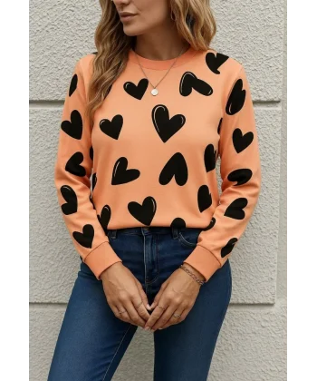 Kadın Uzun Kollu Bisiklet Yaka Kalp Desenli Iki Iplik Bluz