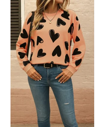 Kadın Uzun Kollu Bisiklet Yaka Kalp Desenli Iki Iplik Bluz
