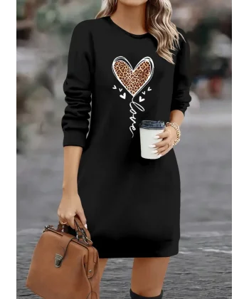 Kadın Uzun Kollu Bisiklet Yaka Kalp Desenli Kısa Viskon Elbise