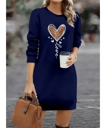 Kadın Uzun Kollu Bisiklet Yaka Kalp Desenli Kısa Viskon Elbise