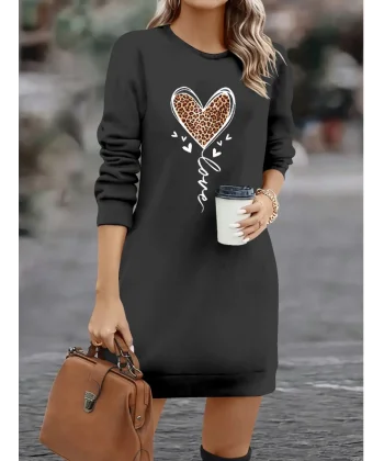 Kadın Uzun Kollu Bisiklet Yaka Kalp Desenli Kısa Viskon Elbise