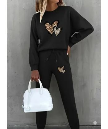 Kadın Uzun Kollu Bisiklet Yaka Kalp Desenli şardonlu üç Iplik Bluz Ve Pantolon Ikili Takım