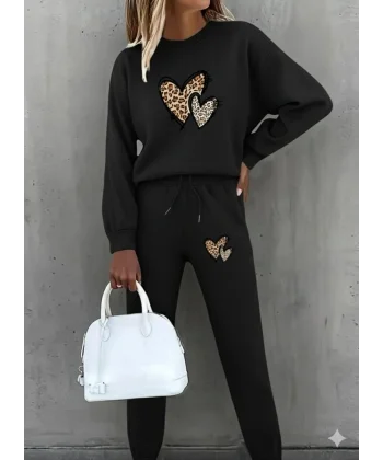 Kadın Uzun Kollu Bisiklet Yaka Kalp Desenli şardonlu üç Iplik Bluz Ve Pantolon Ikili Takım