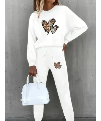 Kadın Uzun Kollu Bisiklet Yaka Kalp Desenli şardonlu üç Iplik Bluz Ve Pantolon Ikili Takım