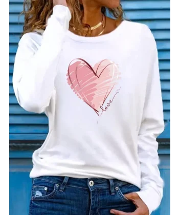 Kadın Uzun Kollu Bisiklet Yaka Kalp Desenli Viskon Bluz