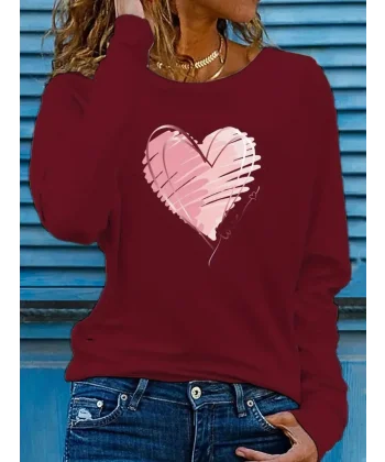 Kadın Uzun Kollu Bisiklet Yaka Kalp Desenli Viskon Bluz