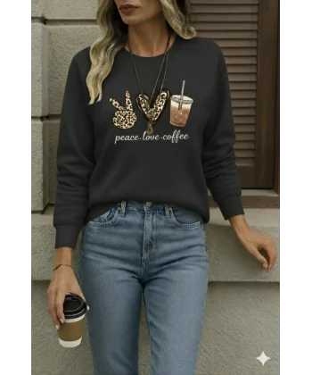 Kadın Uzun Kollu Bisiklet Yaka Kalp Desenli Viskon Iki Iplik Bluz