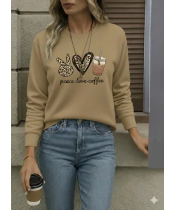 Kadın Uzun Kollu Bisiklet Yaka Kalp Desenli Viskon Iki Iplik Bluz