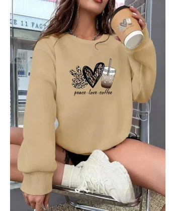 Kadın Uzun Kollu Bisiklet Yaka Kalp Desenli Viskon Iki Iplik Bluz