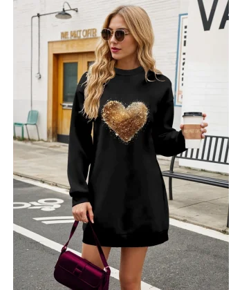 Kadın Uzun Kollu Bisiklet Yaka Kalp Desenli Viskon Iki Iplik Bluz