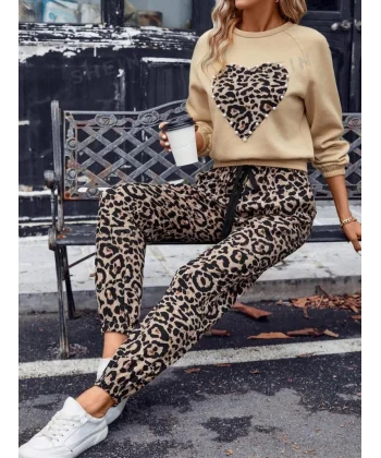 Kadın Uzun Kollu Bisiklet Yaka Kalp Leopar Baskılı Alt Ve üst Dalgıç Ikili Takım