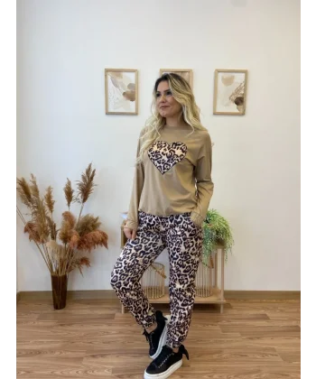 Kadın Uzun Kollu Bisiklet Yaka Kalp Leopar Baskılı Alt Ve üst Dalgıç Ikili Takım