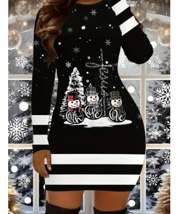 Kadın Uzun Kollu Bisiklet Yaka Kardan Adam Desenli Dalgıç Noel Elbise