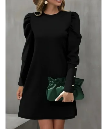 Kadın Uzun Kollu Bisiklet Yaka Karpuz Kol Düğme Detay Ithal Krep Elbise