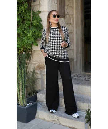 Kadın Uzun Kollu Bisiklet Yaka Kazayağı Desenli Iki Iplik Bluz Ve Viskon Iki Iplik Pantolon Ikili Takım