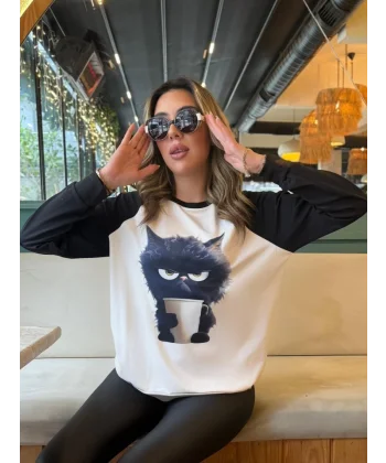 Kadın Uzun Kollu Bisiklet Yaka Kedi Baskılı şardonlu Dalgıç Bluz