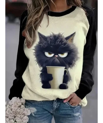 Kadın Uzun Kollu Bisiklet Yaka Kedi Baskılı şardonlu Dalgıç Bluz