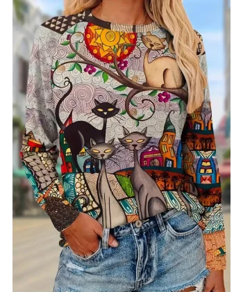 Kadın Uzun Kollu Bisiklet Yaka Kedi Baskılı Süprem Bluz