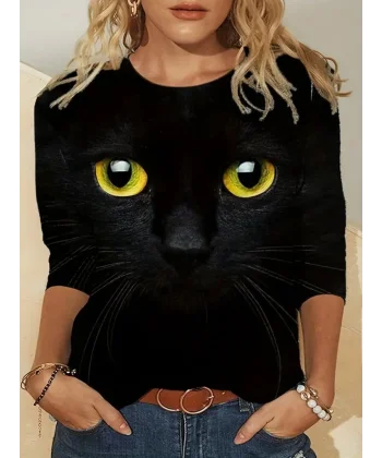 Kadın Uzun Kollu Bisiklet Yaka Kedi Desenli Süprem Bluz