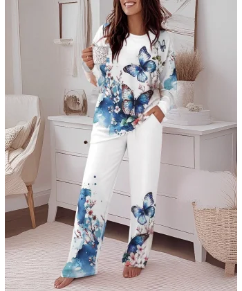 Kadın Uzun Kollu Bisiklet Yaka Kelebek Desenli Iki Iplik Alt üst Takım