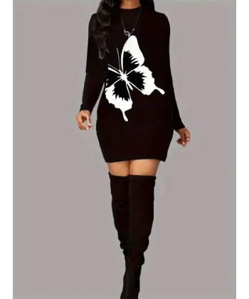 Kadın Uzun Kollu Bisiklet Yaka Kelebek Desenli Kısa Viskon Iki Iplik Elbise