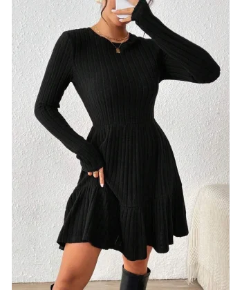 Kadın Uzun Kollu Bisiklet Yaka Kemersiz Eteği Pileli şardonlu Kaşkorse Elbise