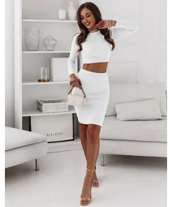 Kadın Uzun Kollu  Bisiklet Yaka Kısa Crop Ve Yüksek Bel Mini Etek Kaşkorse Kumaş Ikili Takım