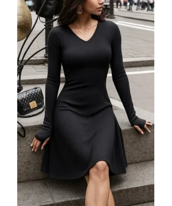 Kadın Uzun Kollu Bisiklet Yaka Kısa Kaşkorse Elbise