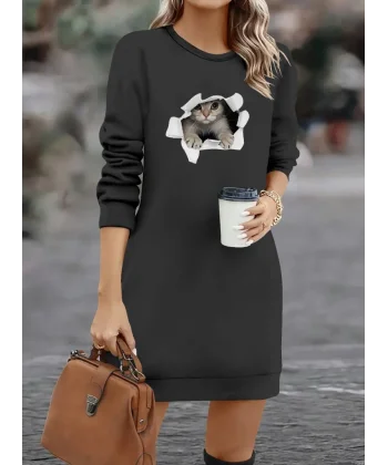 Kadın Uzun Kollu Bisiklet Yaka Kısa Viskon Iki Iplik Elbise