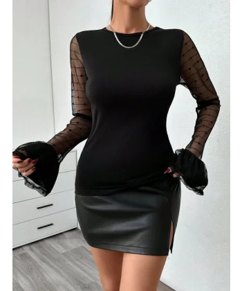 Kadın Uzun Kollu Bisiklet Yaka Kol Ağzı Katmanlı Bluz