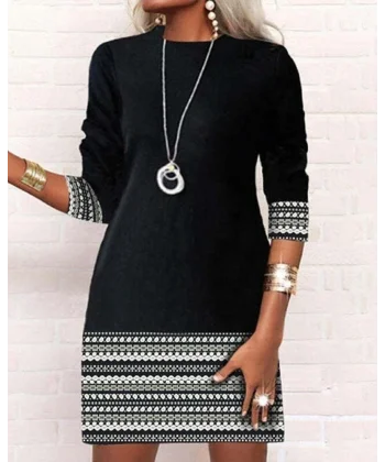 Kadın Uzun Kollu Bisiklet Yaka Kol Ağzı Ve Etek Ucu Baskılı Iki Iplik Elbise