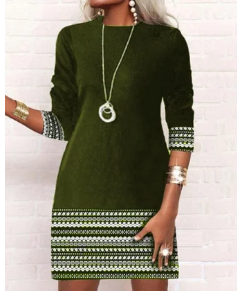 Kadın Uzun Kollu Bisiklet Yaka Kol Ağzı Ve Etek Ucu Baskılı Iki Iplik Elbise