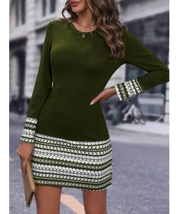 Kadın Uzun Kollu Bisiklet Yaka Kol Ağzı Ve Etek Ucu Baskılı Iki Iplik Elbise