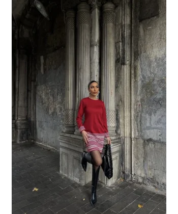 Kadın Uzun Kollu Bisiklet Yaka Kol Ağzı Ve Etek Ucu Baskılı Iki Iplik Elbise