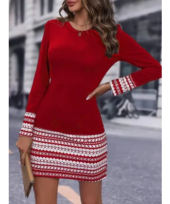 Kadın Uzun Kollu Bisiklet Yaka Kol Ağzı Ve Etek Ucu Baskılı Iki Iplik Elbise