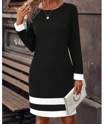Kadın Uzun Kollu Bisiklet Yaka Kol Ve Tek Ucu şeritli Ithal Krep Midi Elbise
