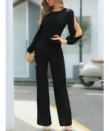 Kadın Uzun Kollu Bisiklet Yaka Kolda Yırtmaç Detay Krep Tam Boy Tulum