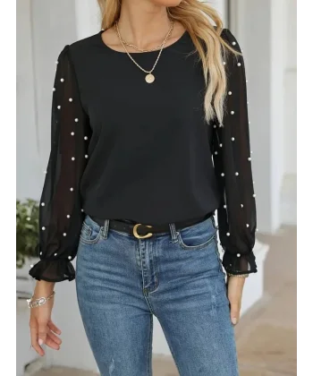 Kadın Uzun Kollu Bisiklet Yaka Kollar Incili Tül Detaylı Ithal Krep Bluz