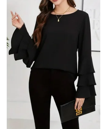 Kadın Uzun Kollu Bisiklet Yaka Kollar İspanyol Volanlı Sandy Bluz