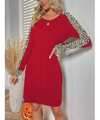 Kadın Uzun Kollu Bisiklet Yaka Kollar Leopar Detay Iki Iplik Mini Boy Elbise