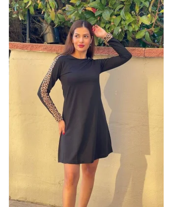 Kadın Uzun Kollu Bisiklet Yaka Kollar Leopar Detay Iki Iplik Mini Boy Elbise